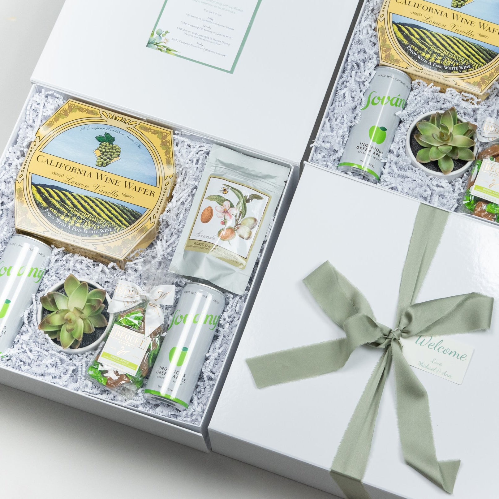 Corporate gift box with ribbon, containing gourmet snacks, a succulent and drinks, perfect for clients and employees.