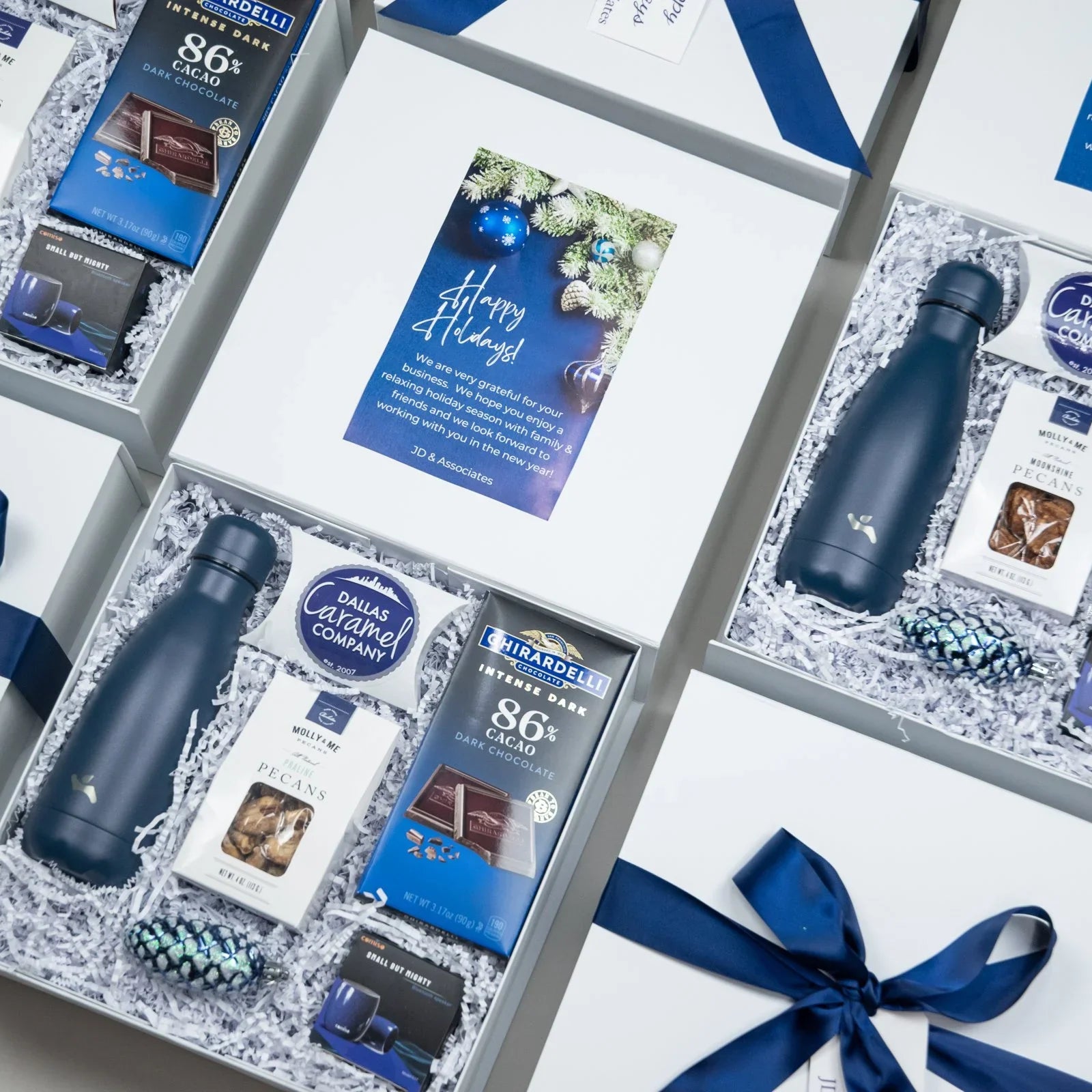 Corporate Gifts Boxes Wrapped in Blue Ribbon