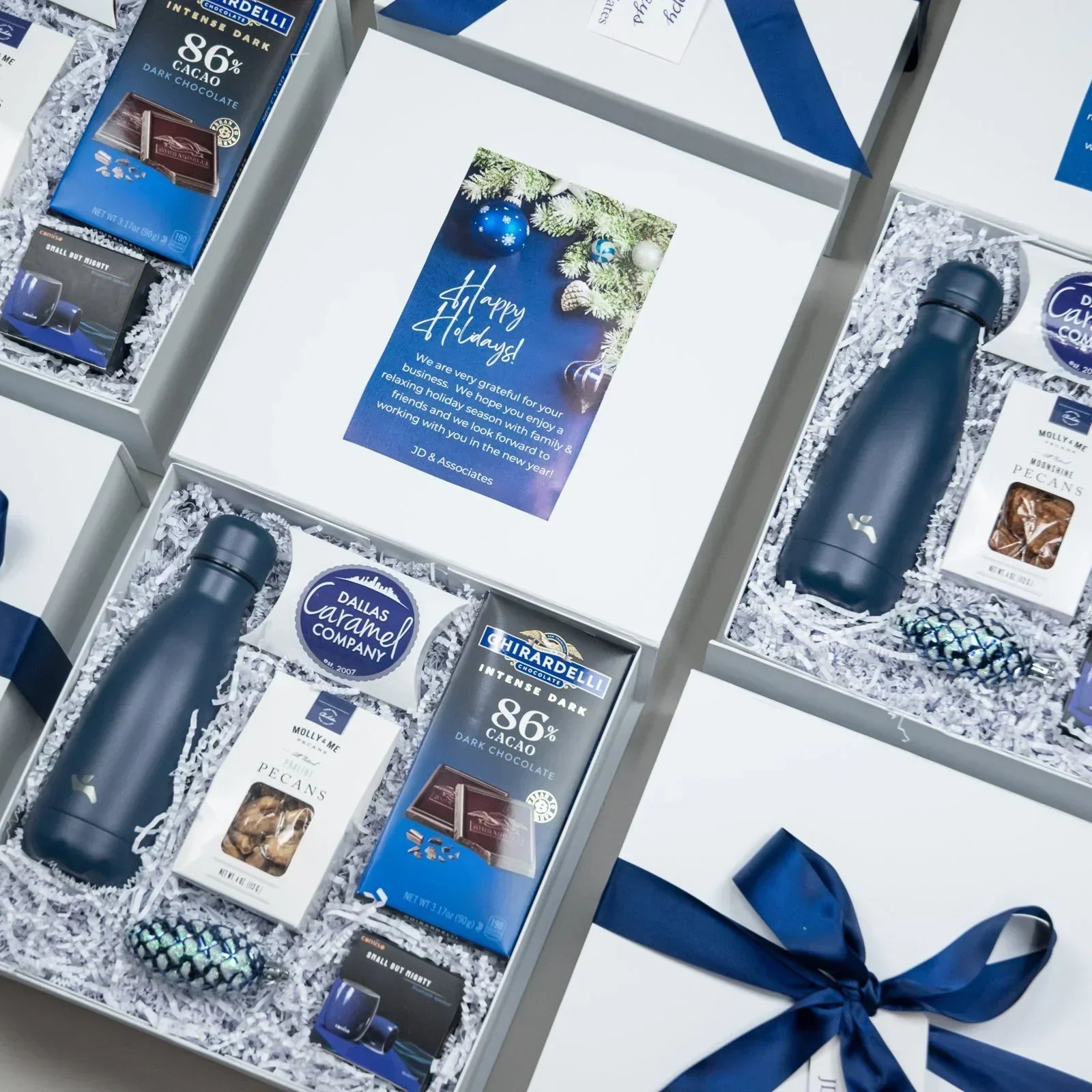 Corporate Gifts Boxes Wrapped in Blue Ribbon