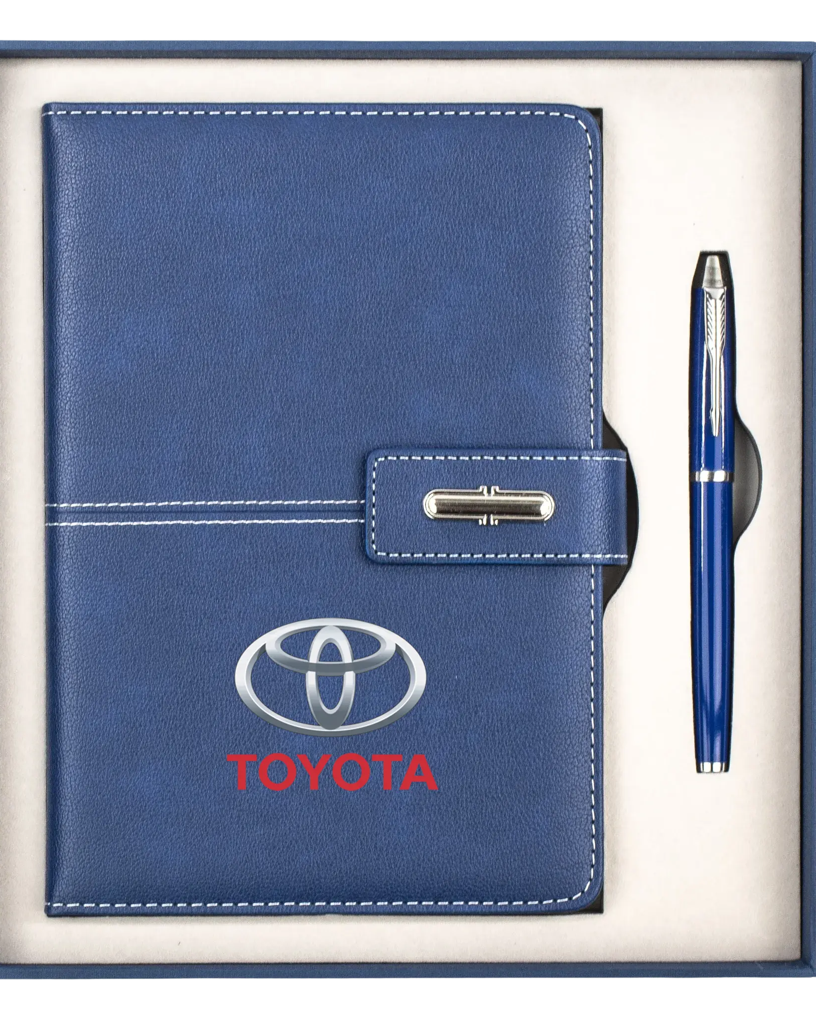 Blue Toyota-branded notebook and pen set in a box