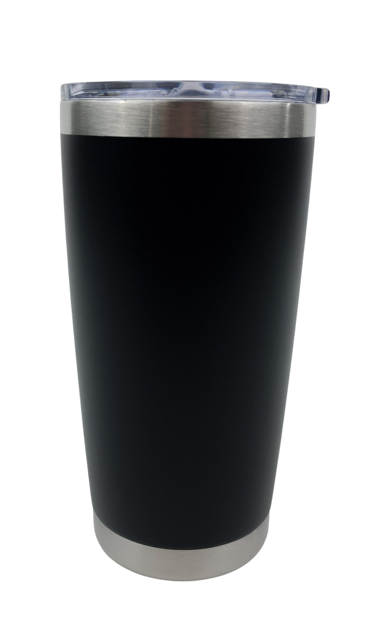 Black insulated tumbler with silver lid on a white background