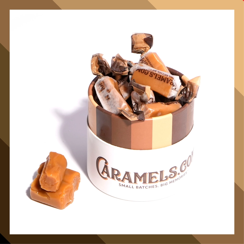 Container of caramels with a visible brand name on a white background