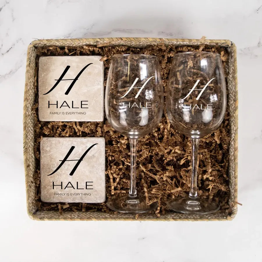 Wine Glasses & Marble Coasters Gift Set