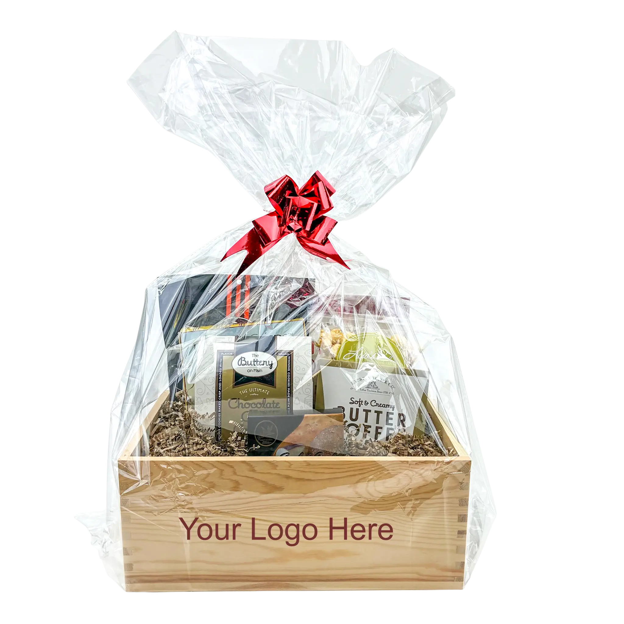Gift basket in a wooden box with cellophane wrap and a red bow, ready for branding.