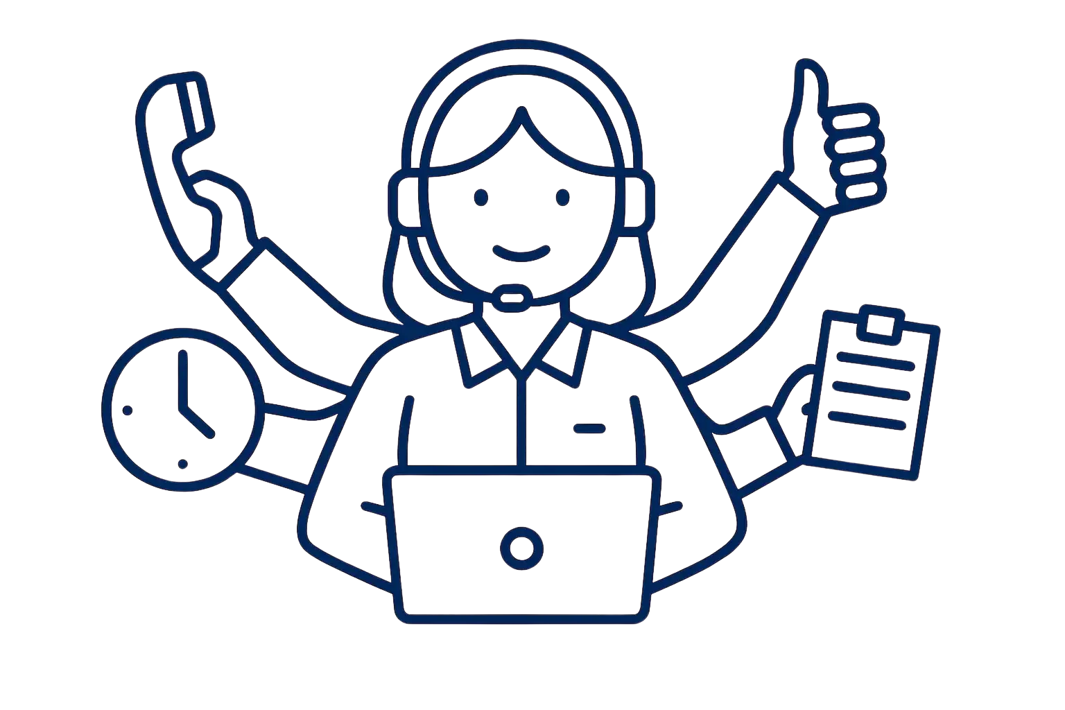 Illustration of a multi-tasking person with a laptop, headset, phone, clock, and clipboard.