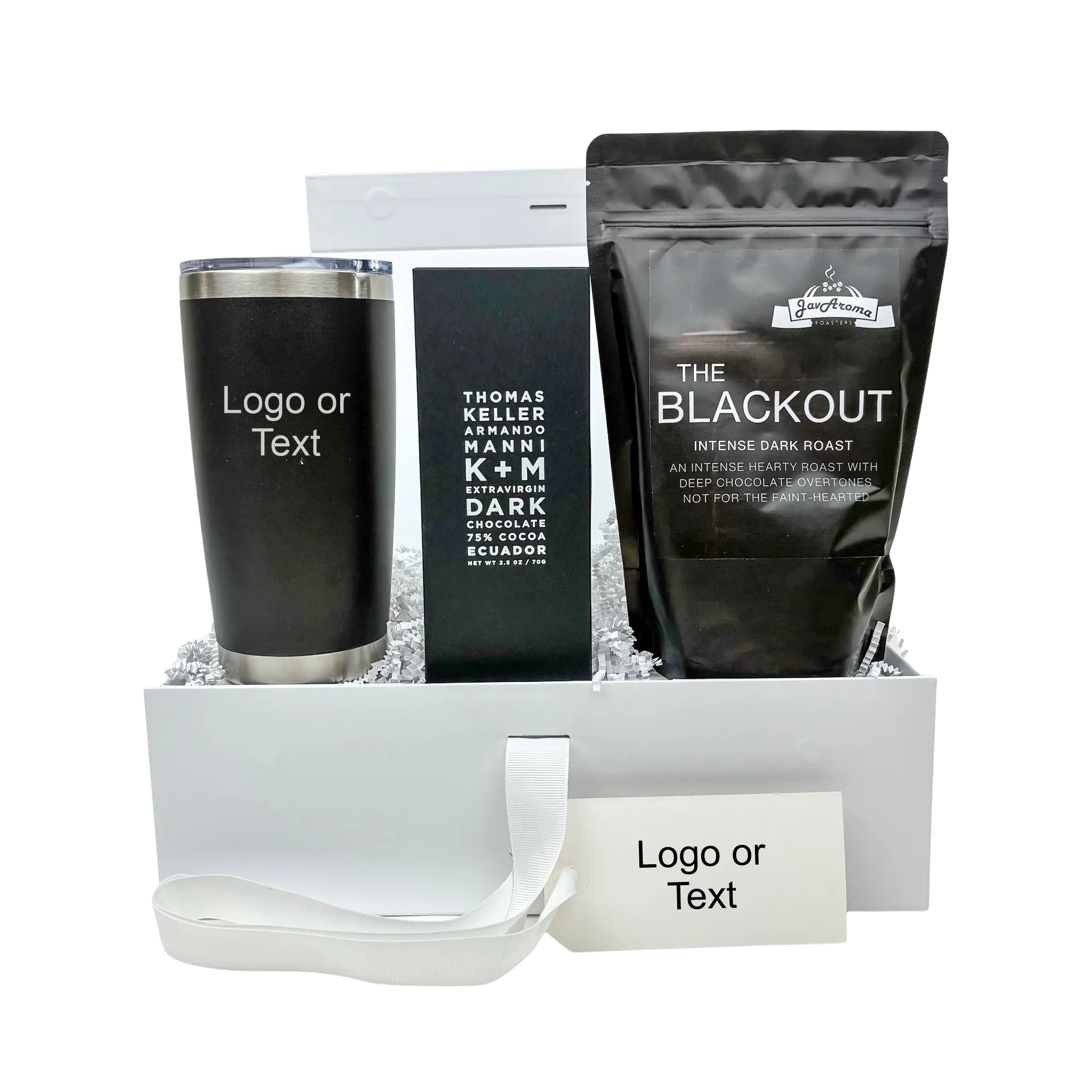Gift set with black tumbler, chocolate bar, and coffee package in a box.