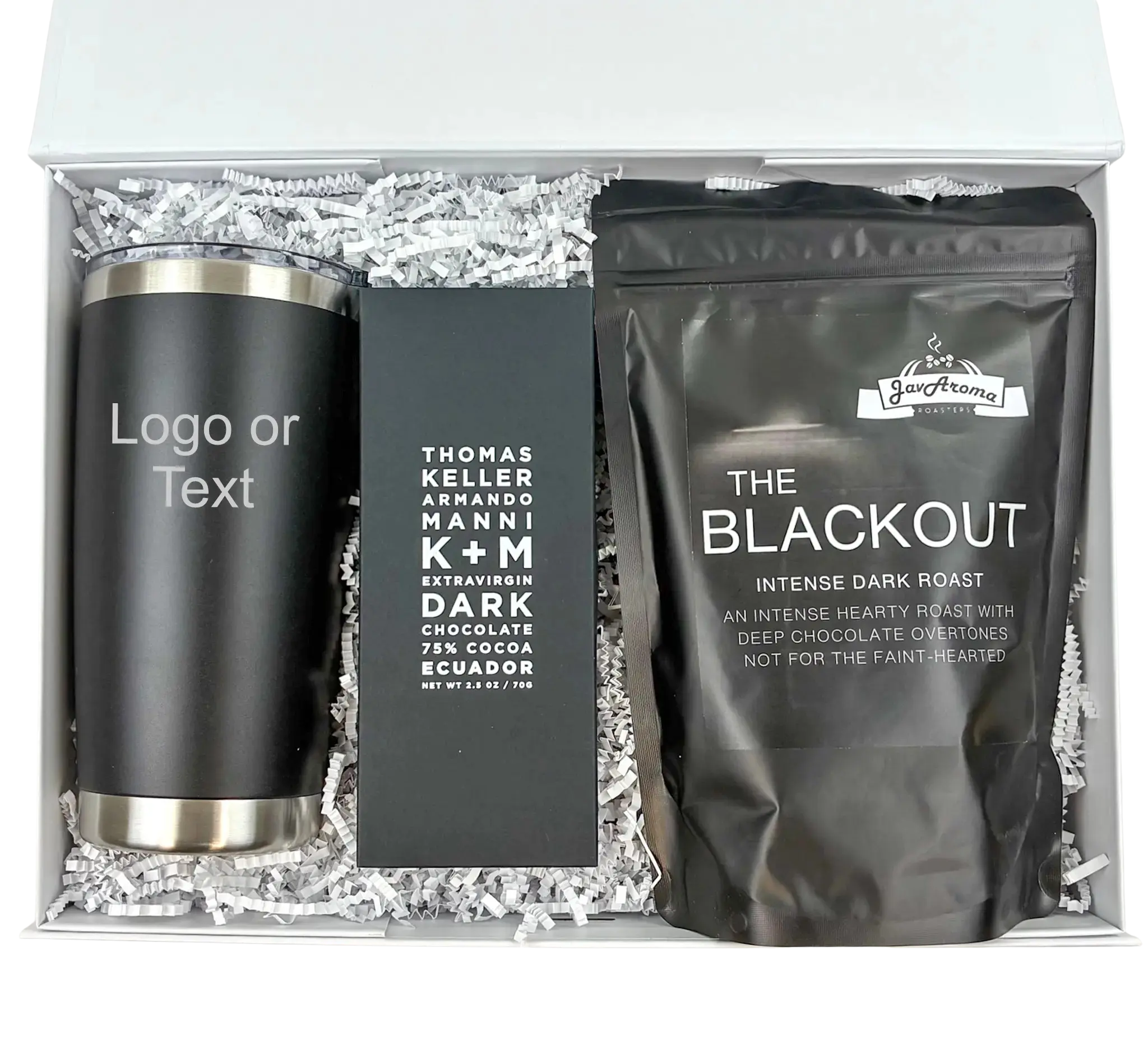Gift set with black tumbler, chocolate bar, and coffee package in a box.