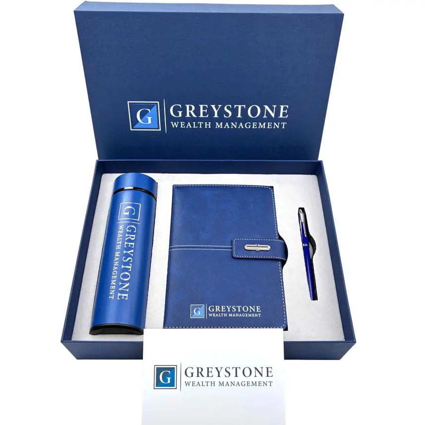 Blue gift set with Greystone Wealth Management branding in a box