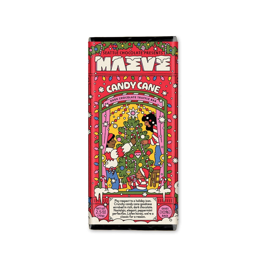 Candy cane chocolate truffle bar packaging with festive design on a white background