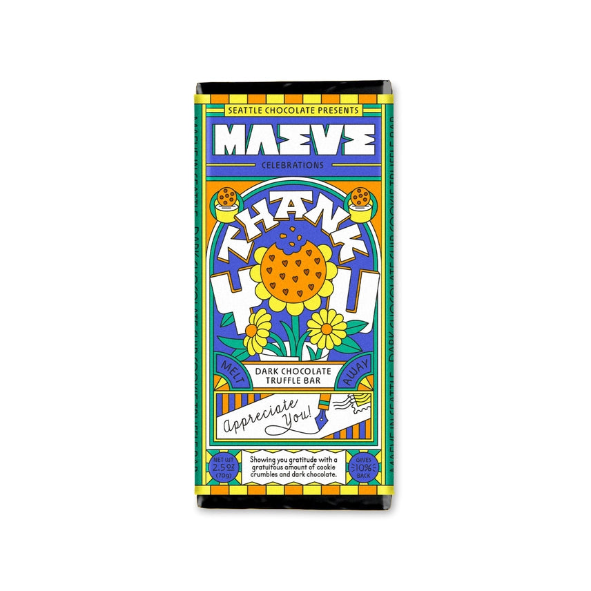 Colorful packaging of a dark chocolate truffle bar with artistic design on a white background