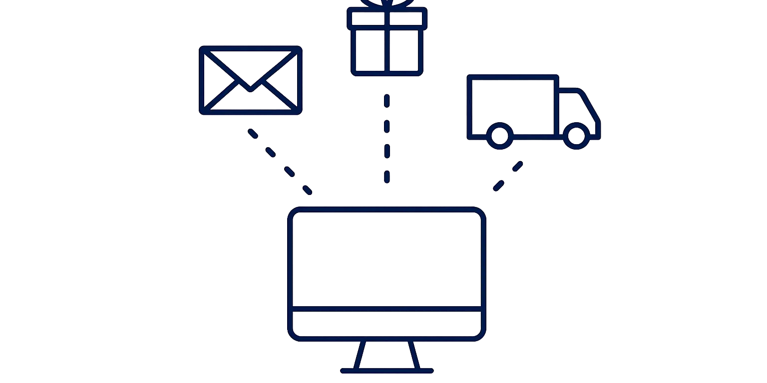 Icon of a computer monitor with an envelope, gift box, and delivery truck connected to it on a white background.