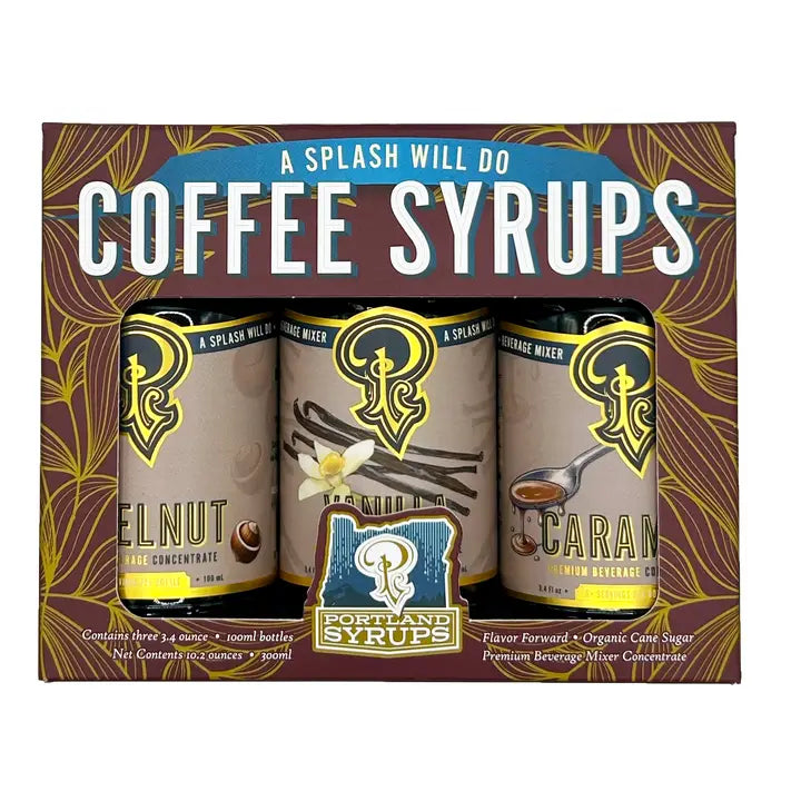 Packaging of Portland Syrups coffee syrups with three bottles displayed.