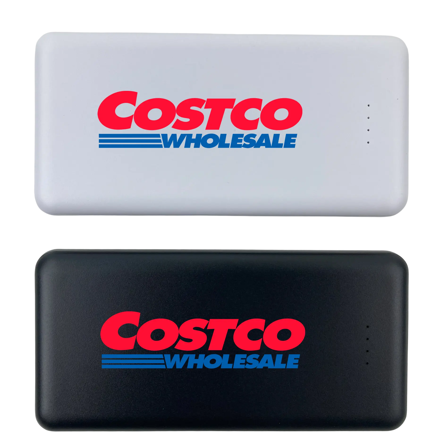 Two Costco power banks, one white and one black, with the Costco logo on a white background.