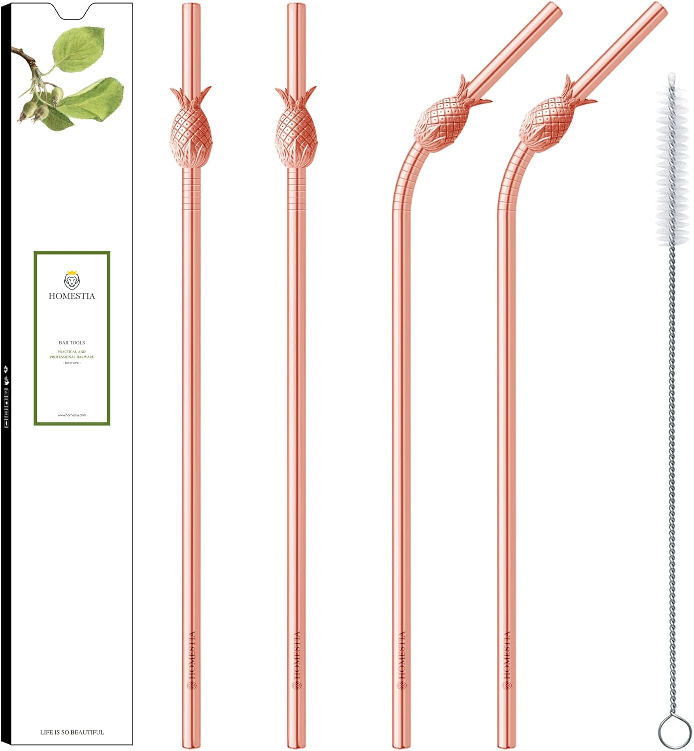 Set of rose gold straws with pineapple design, packaging, and cleaning brush on a white background.
