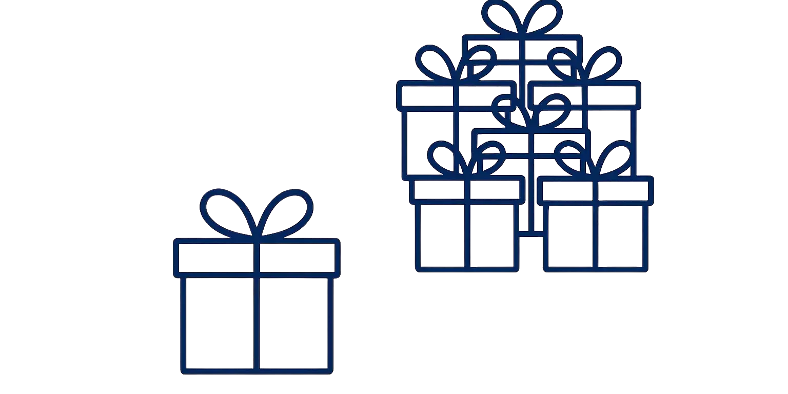 Icon of a stack of gift boxes with a single box in front on a white background