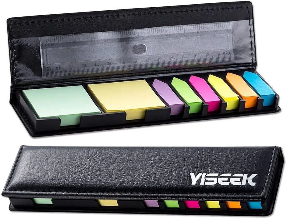 Set of colorful sticky notes in a black holder with a ruler, featuring the brand 'YISEEK'.