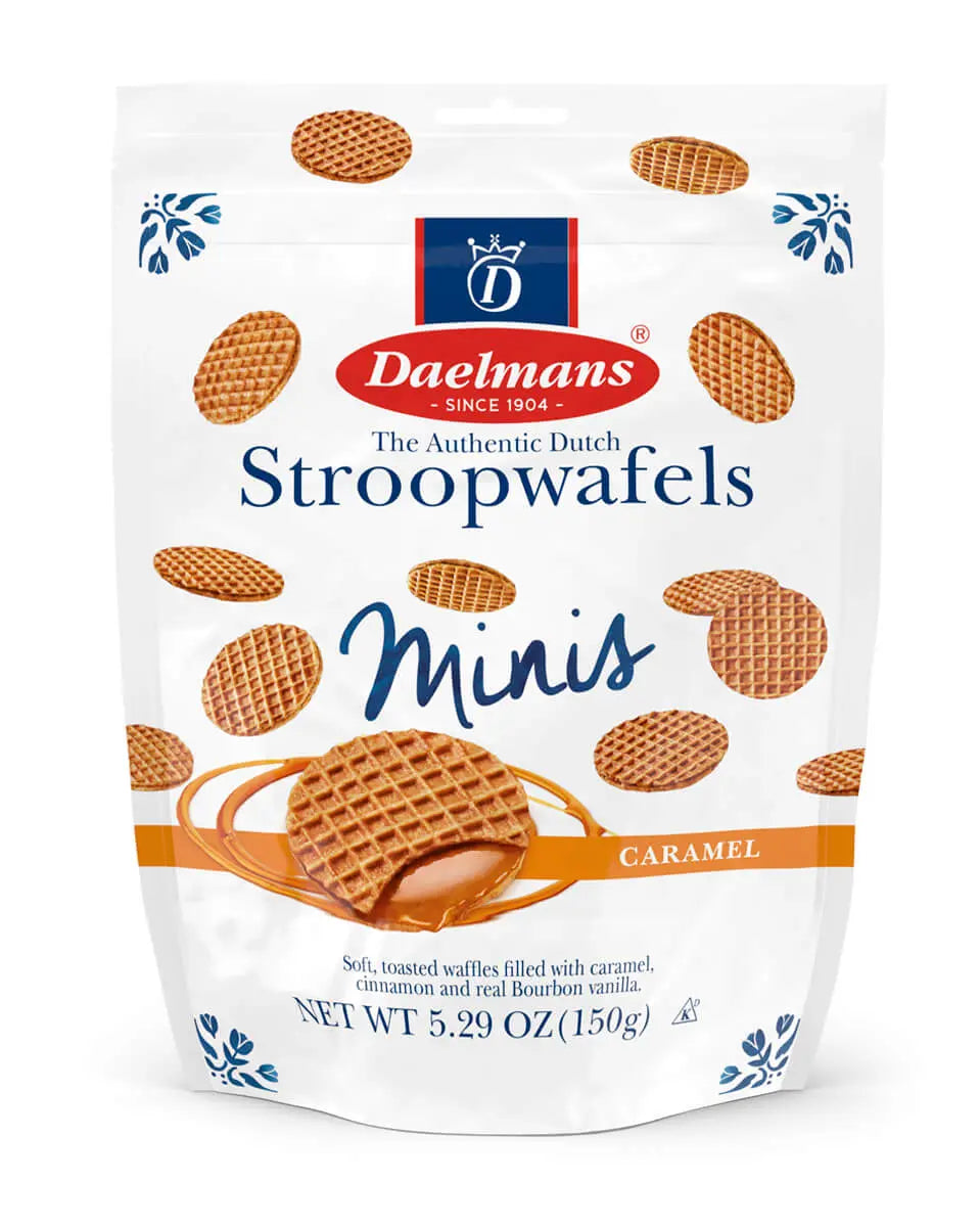 Packaging of Daelman's Stroopwafels Minis Caramel on a white background