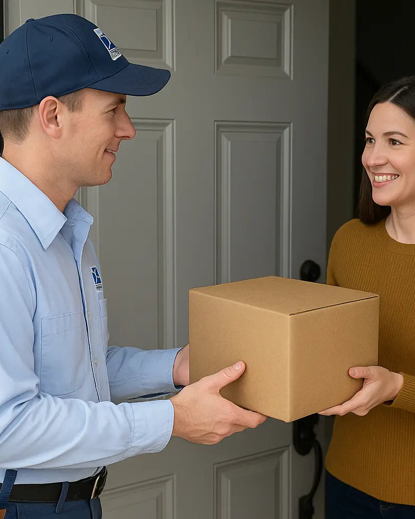 Delivery person handing a package to a woman at a door.