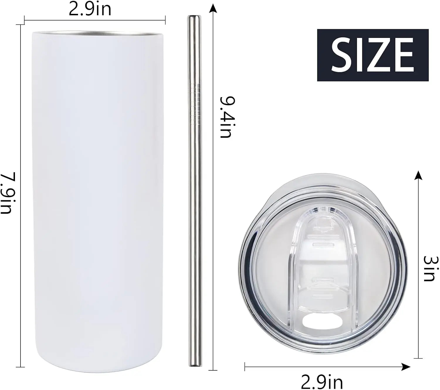 Measurement chart of a white tumbler with lid and straw, showing dimensions.