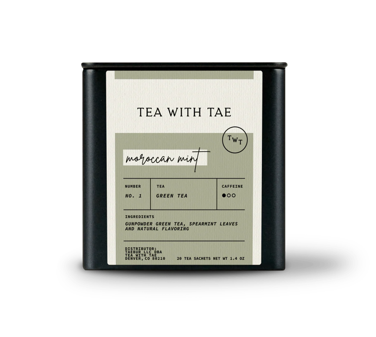 Tea package with 'Tea with Tae' branding on a white background