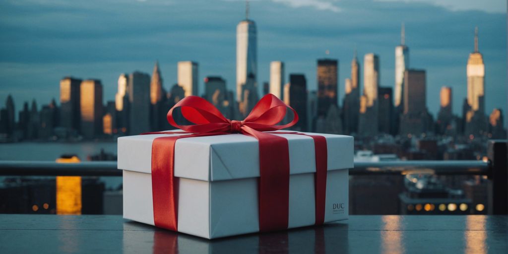 Elegant gift box with ribbon in front of New York City skyline, representing corporate gifting in New York.