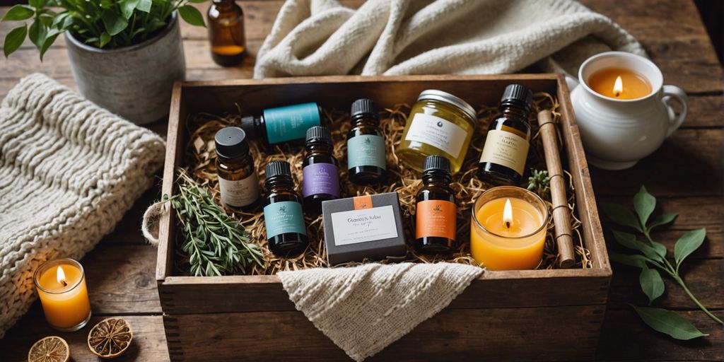 Wellness gift box with essential oils, candles, teas, and a blanket on a rustic wooden table.