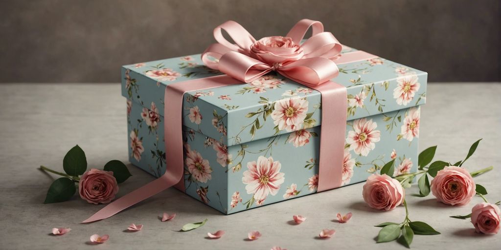 Beautifully wrapped wedding gift box with floral decorations