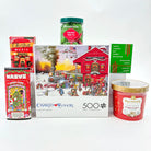 Collection of Christmas-themed products including a puzzle, candy, and popcorn on a white background