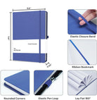 Blue and white lined journal with measurements and features highlighted