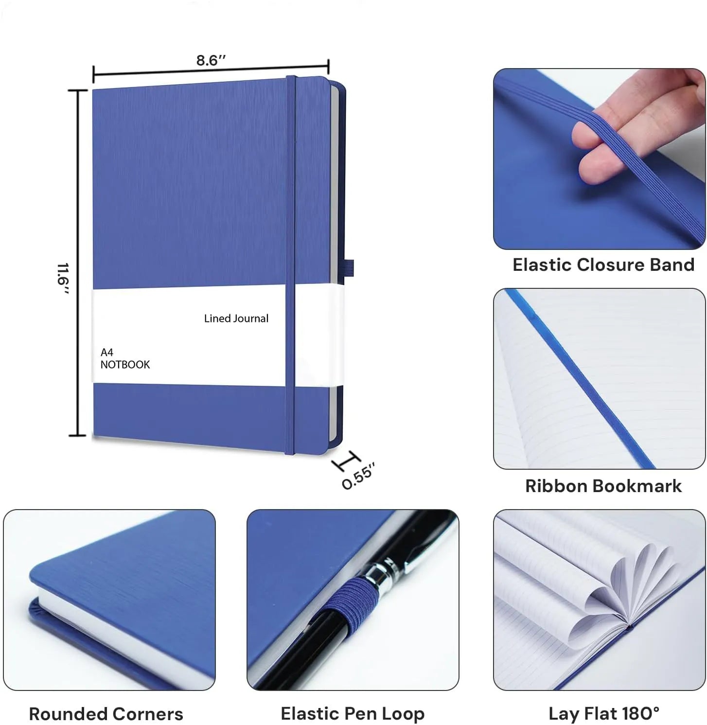 Blue and white lined journal with measurements and features highlighted