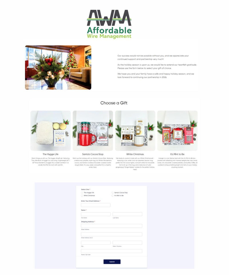 Website page for Affordable Wire Management with product images and a form to choose a gift.