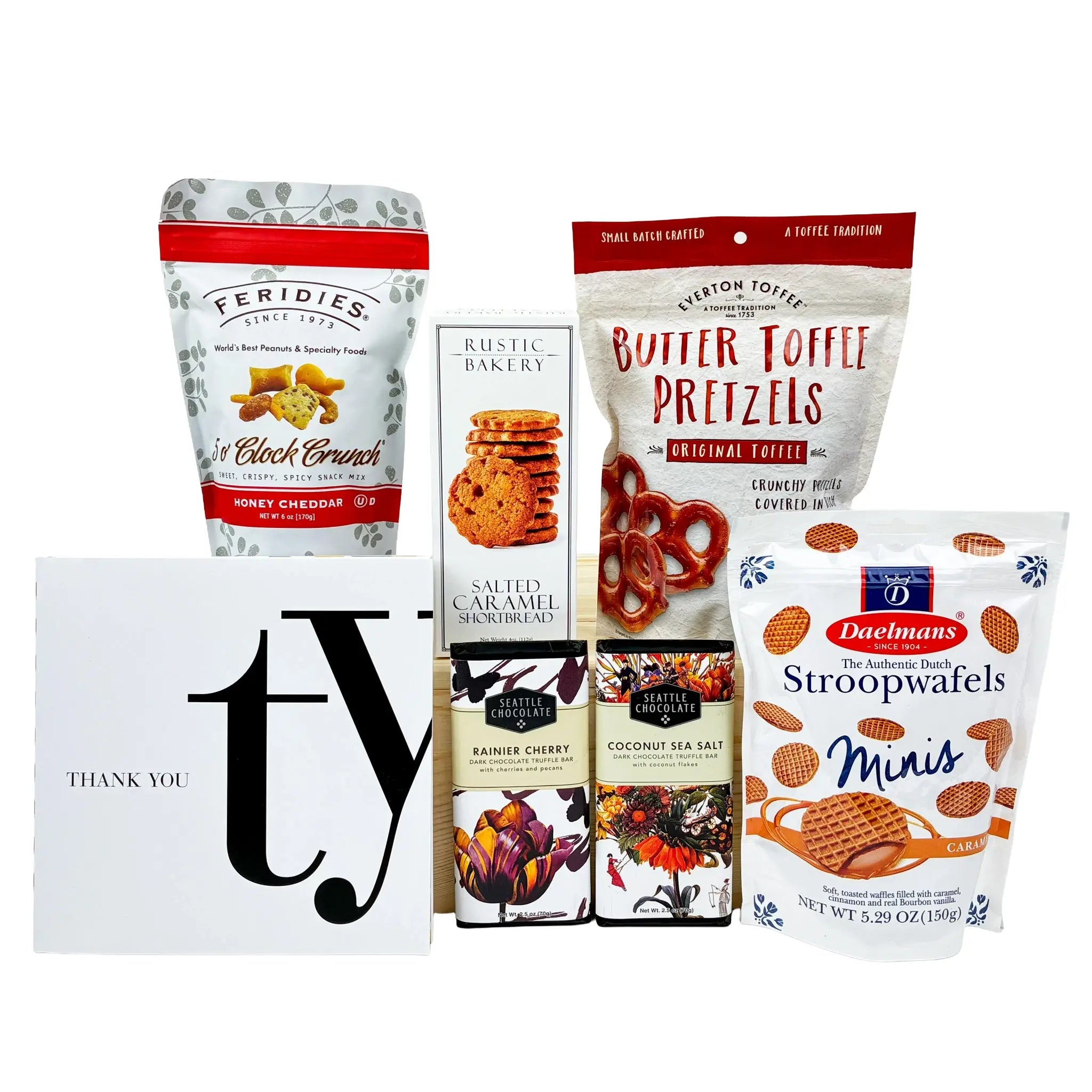 Assorted snack packages including Butter Toffee Pretzels and Daelmans Stroopwafels Minis on a white background.