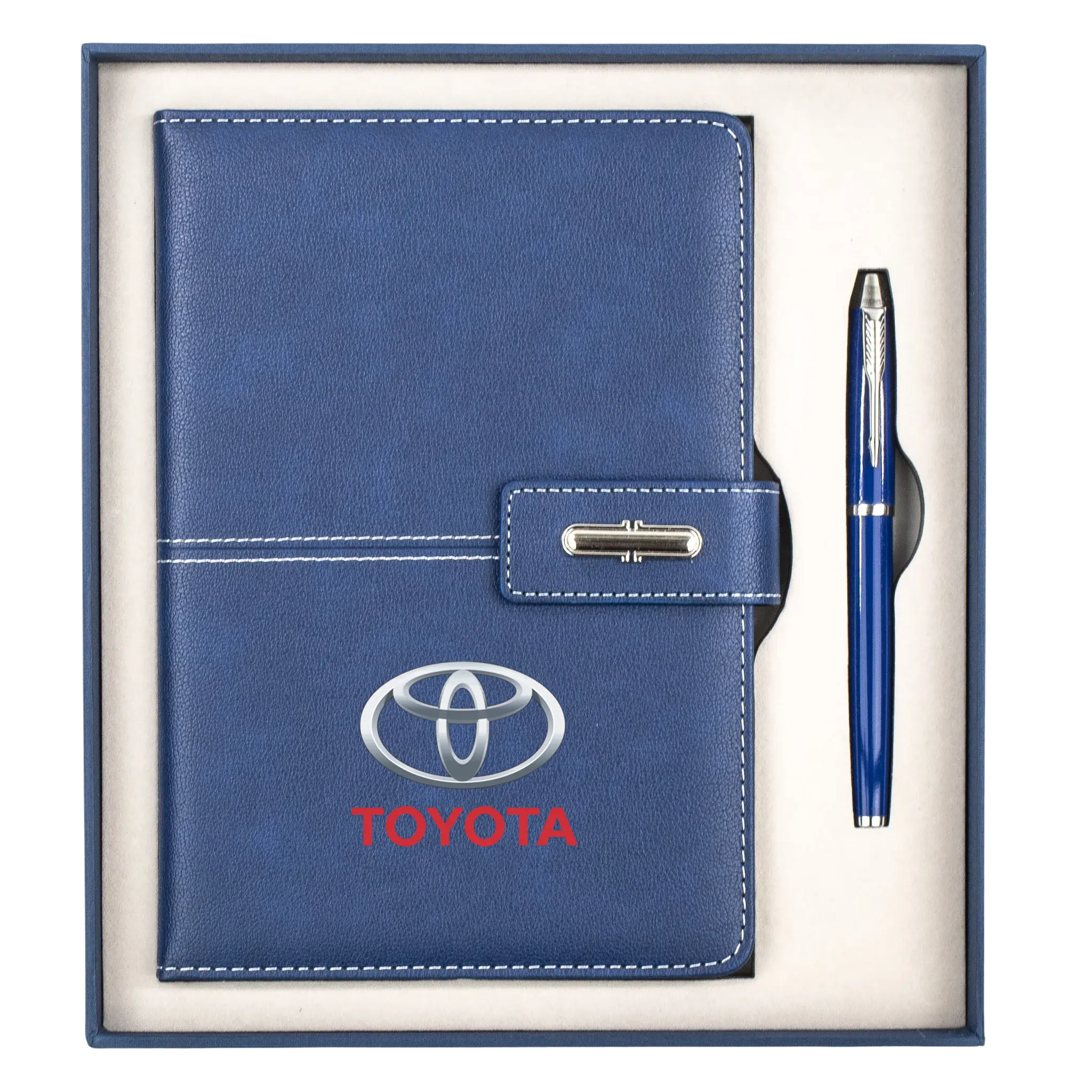 Blue Toyota-branded notebook and pen set in a box