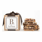 B toffee packaging with a stack of toffee pieces on a white background