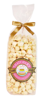 Bag of Thatcher's Gourmet Birthday Cake Popcorn with a gold ribbon on a white background