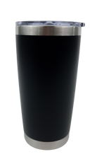 Black insulated tumbler with silver lid on a white background