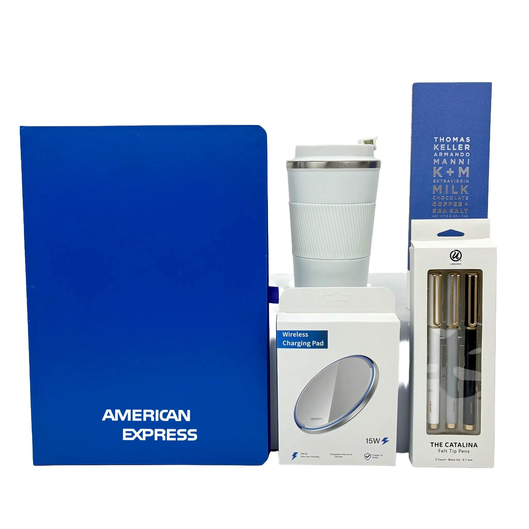 Collection of items including a blue American Express notebook, white tumbler, and other products on a white background