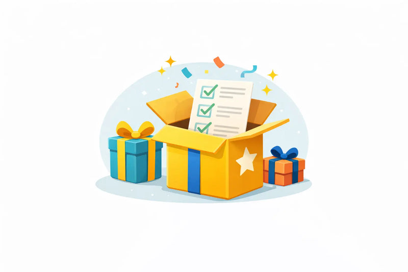 Illustration of a yellow gift box with a blue gift, a star, and a checklist on a white background