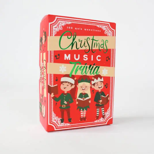 Christmas Music Trivia game box with elves on a white background
