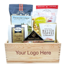 Gourmet gift basket with various snacks in a wooden box, customizable with a logo.
