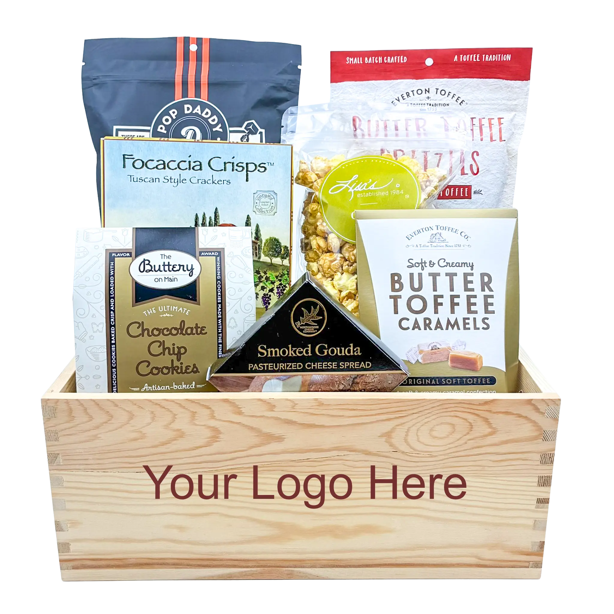 Gourmet gift basket with various snacks in a wooden box, customizable with a logo.