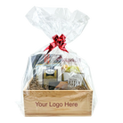 Gift basket in a wooden box with cellophane wrap and a red bow, ready for branding.