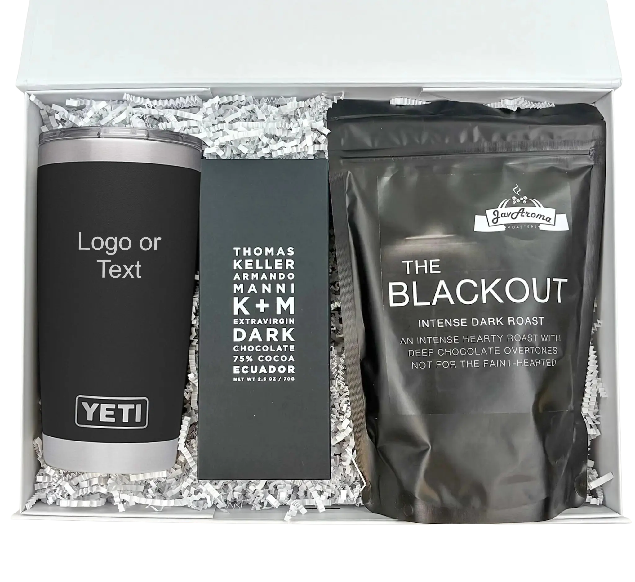 Gift set with YETI tumbler, chocolate bar, and coffee package in a box.