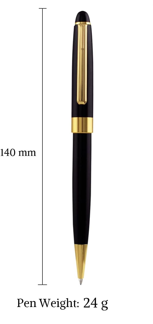 Black and gold pen with measurements and Ancala branding