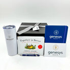 Gift set with Genesys Health branding including a tumbler, book, and notebook.