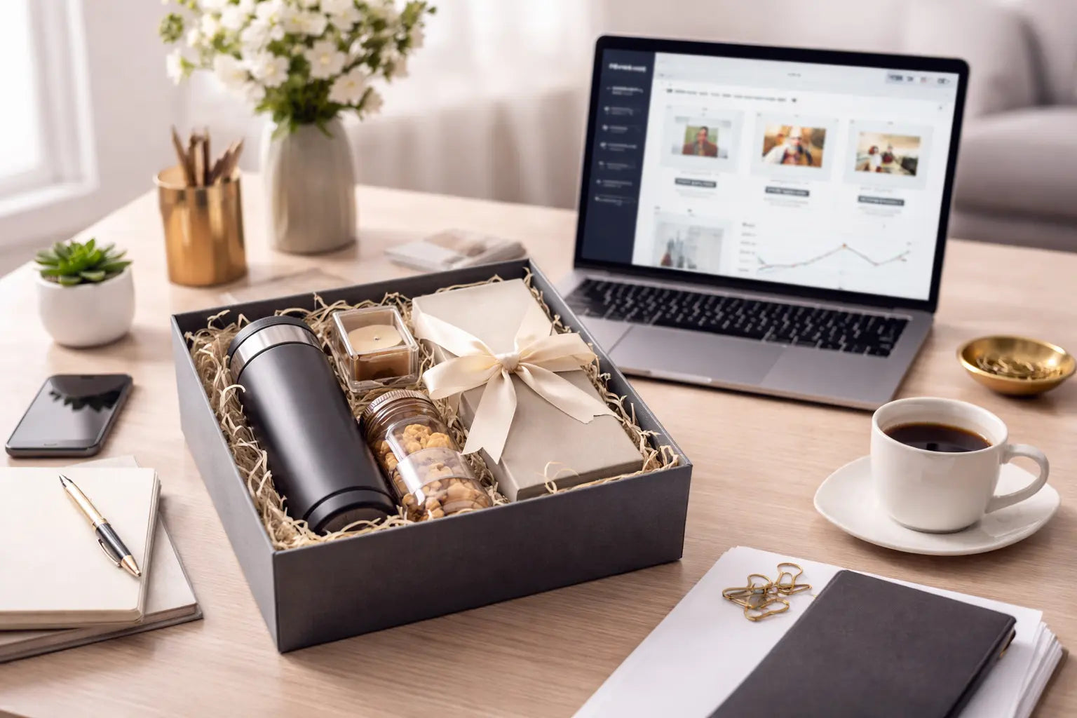 Gift box with a black tumbler, snacks, and a bow on a desk with a laptop and coffee.