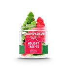 Jar of 'Candy Club Holiday Tree-Ts' candy with green and red tree-shaped gummies on a white background.