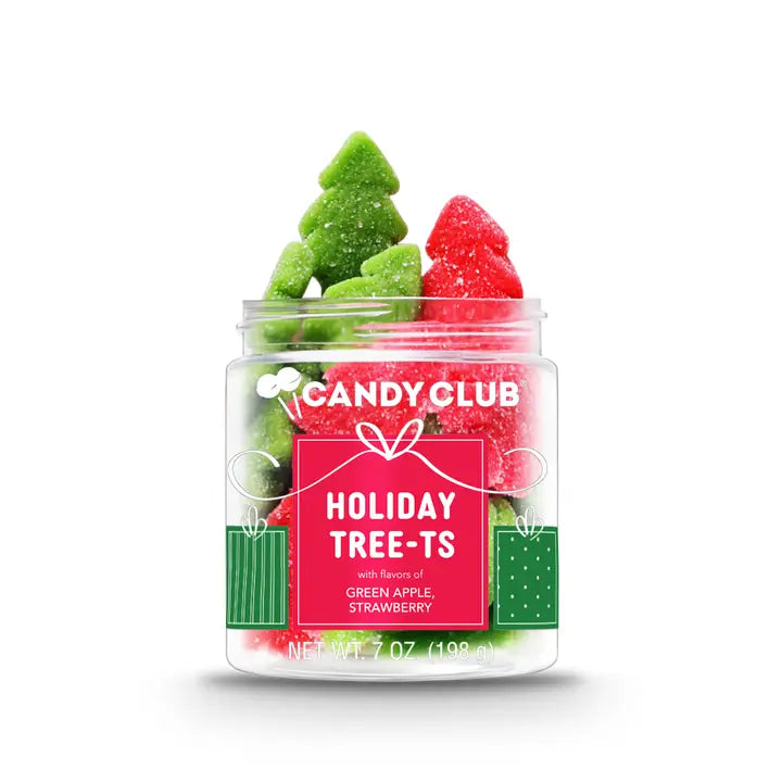 Jar of 'Candy Club Holiday Tree-Ts' candy with green and red tree-shaped gummies on a white background.