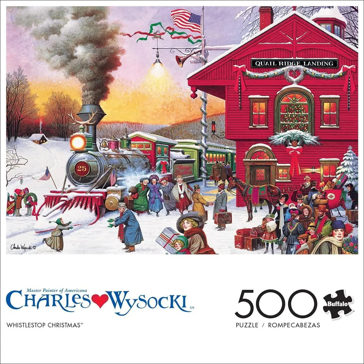 Jigsaw puzzle box featuring a Christmas scene with a train and people gathered around a red building, titled 'Whistlestop Christmas' by Charles Wysocki.