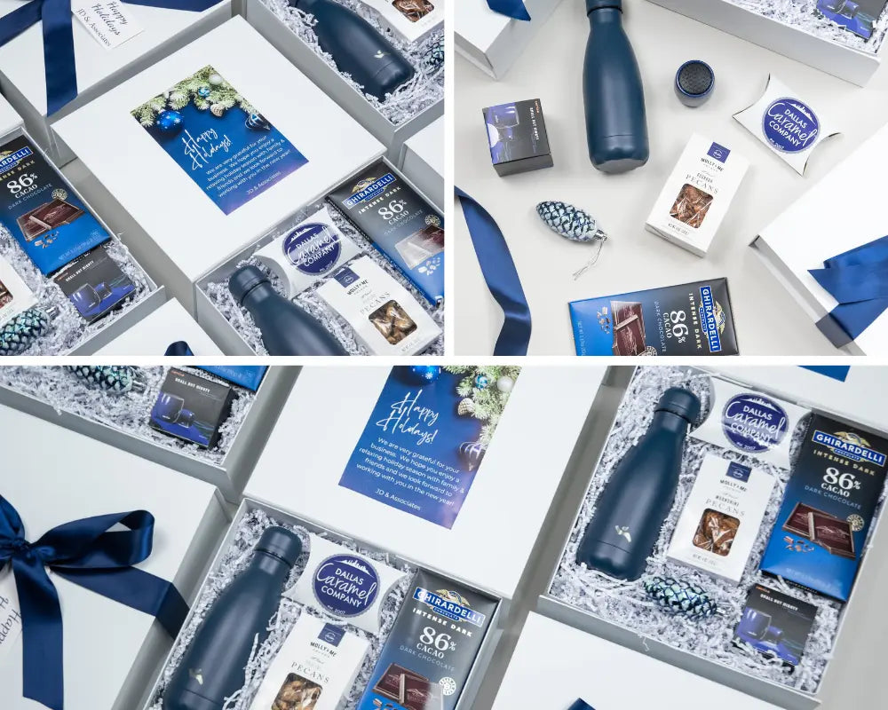White and Blue Holiday Gift Boxes for Clients